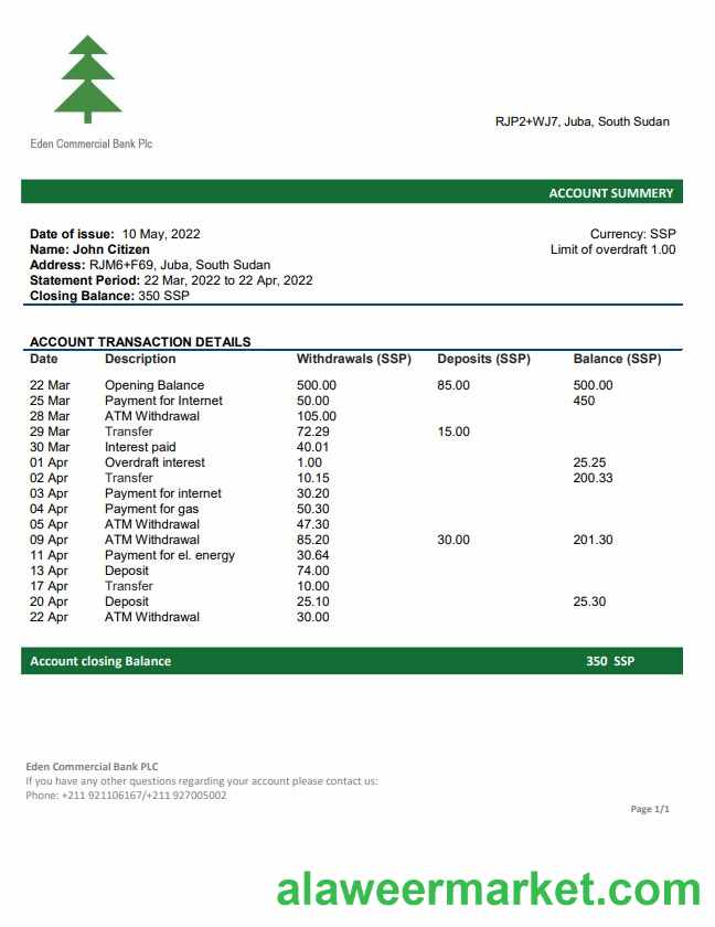 South Sudan Eden Commercial Bank statement